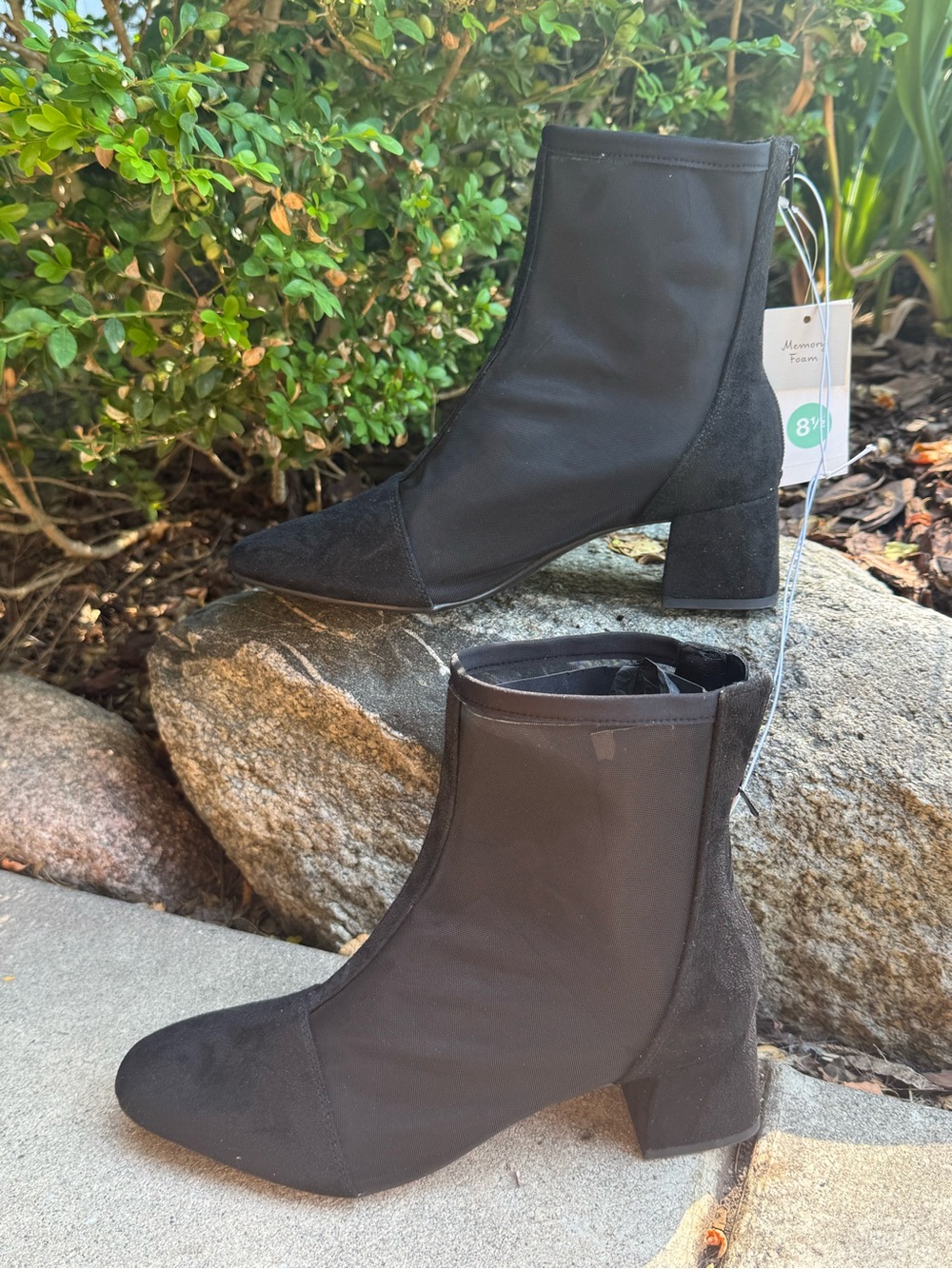 A new day Black Women's Ankle mesh Boots - Elegant Pointed Toe Block Heel 8.5